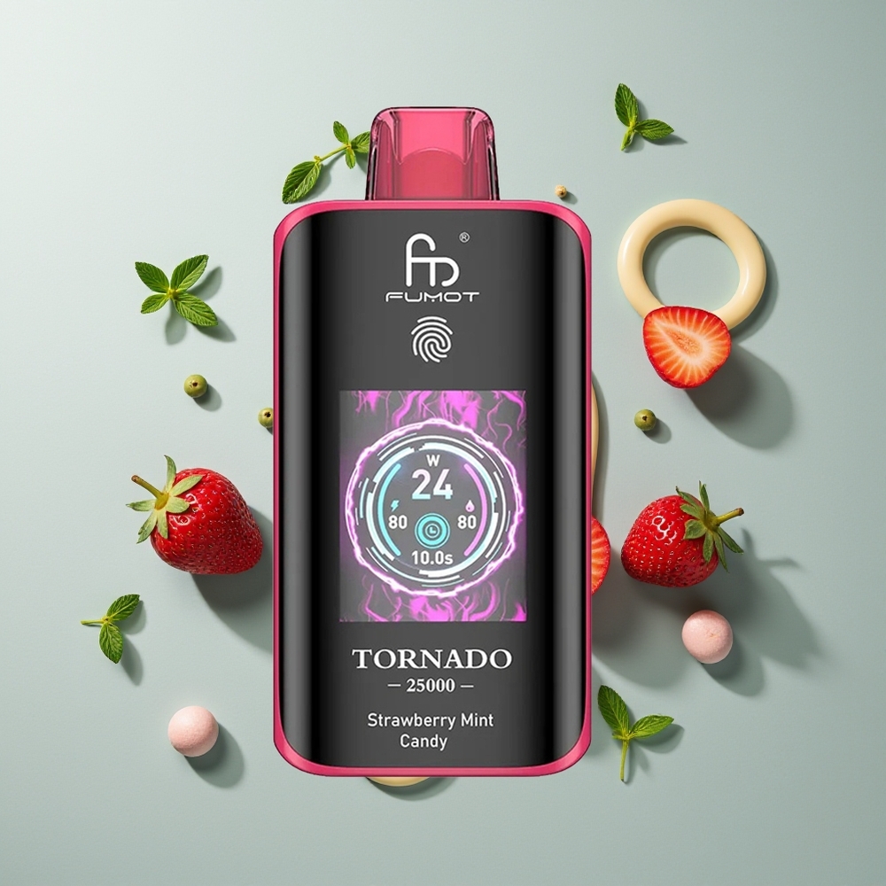 Fumot Tornado 25000 حلوى النعناع بالفراولة مع شاشة عالية الدقة وبطارية قابلة للشحن