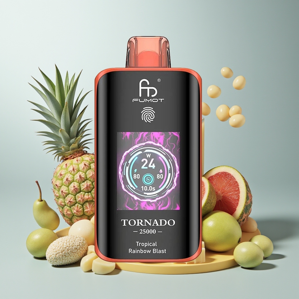 Fumot Tornado 25000 انفجار قوس قزح الاستوائي مع شاشة عالية الدقة وبطارية قابلة لإعادة الشحن