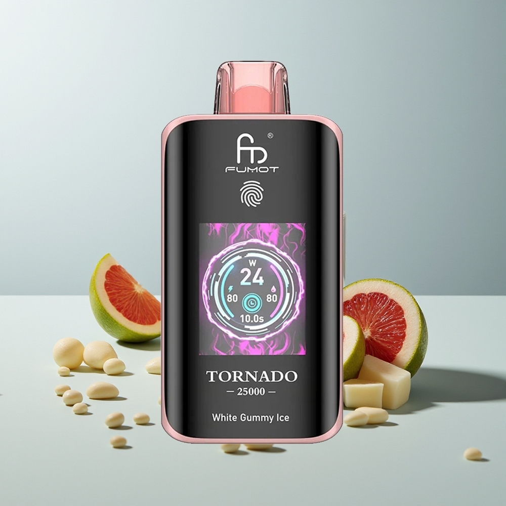 Fumot Tornado 25000 العلكة البيضاء الجليدية مع شاشة عالية الدقة وبطارية قابلة للشحن