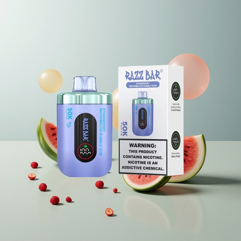 Razz Bar 50K علكة فقاعية بالفراولة والبطيخ مع ملف شبكي 1.0 أوم ومحتوى نيكوتين 2%