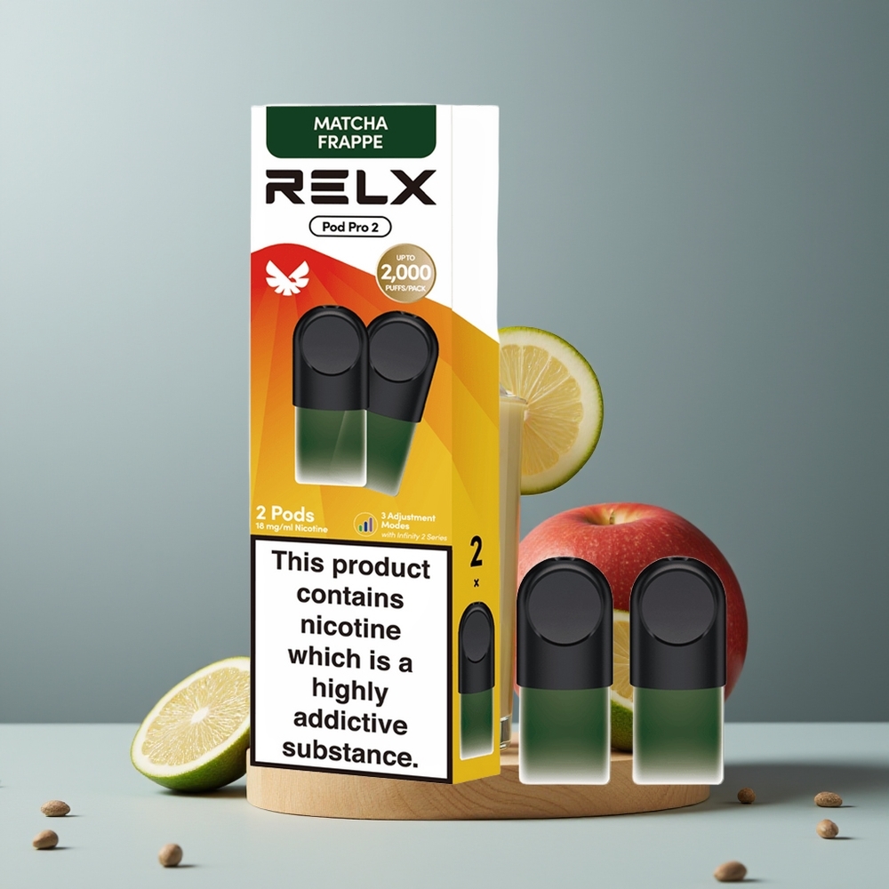 Relx Pod Pro 2 Vape Device شاي فرابي ماتشا مع إعدادات الفولتاج: Eco و Smooth و Boost